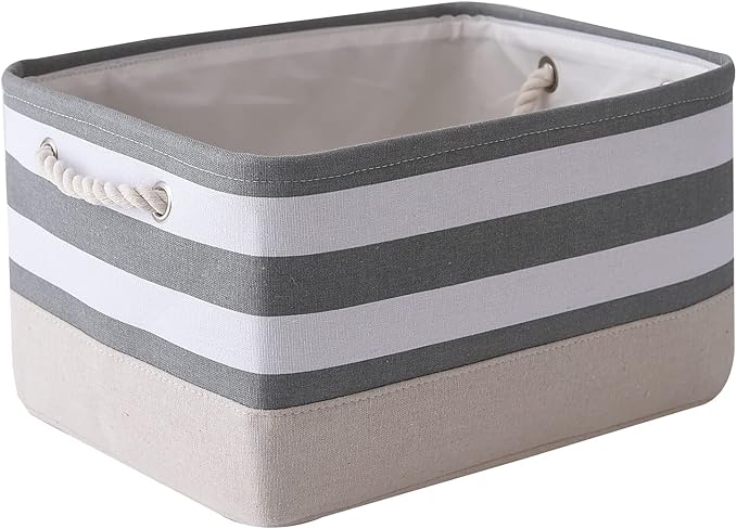 TheWarmHome Storage Basket Fabric Basket with Handles Dog Toy Basket Cloth Storage Bin Shelf Basket Decorative Storage Basket Shoe Basket Gift Basket(Grey&White Stripes-1 Pack,15.7L×11.8W×8.3H)
