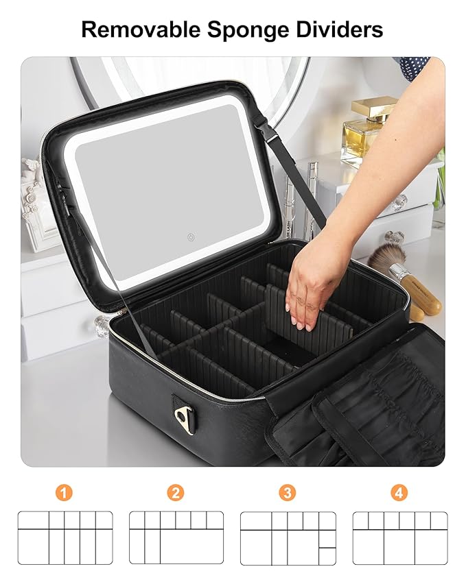 Relavel Travel Makeup Bag With LED Mirror, 16.2" Large Makeup Train Case, 3 Color Scenarios Adjustable Brightness, Waterproof Makeup Train Case Organizer with DIY Dividers for Makeup Artist, Black