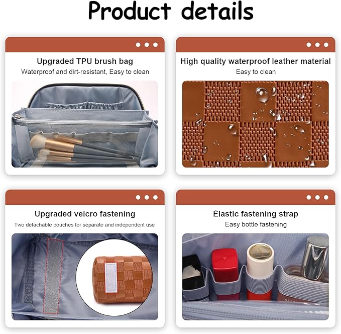 Travel Makeup Bag Organizer Cosmetic Bag: 3 Pcs Set Make up Bags for Women with Handle - Waterproof Vegan Leather Toiletry Bags with Comparments (C-10-Brown)