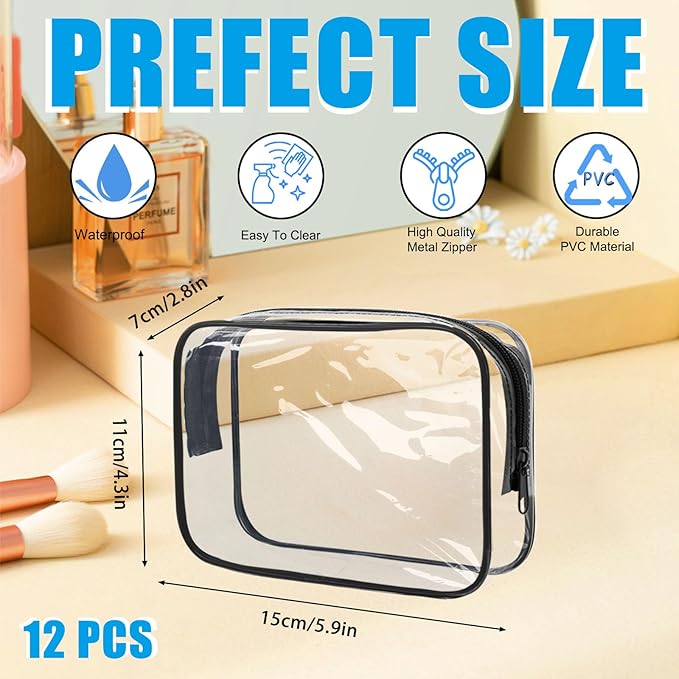 12 Pcs Clear Makeup Bag PVC Waterproof Zippered Clear Cosmetic Toiletry Makeup Carry Pouch for Women Men Vinyl Plastic Organizer Case for Vacation Bathroom (Small, Black)