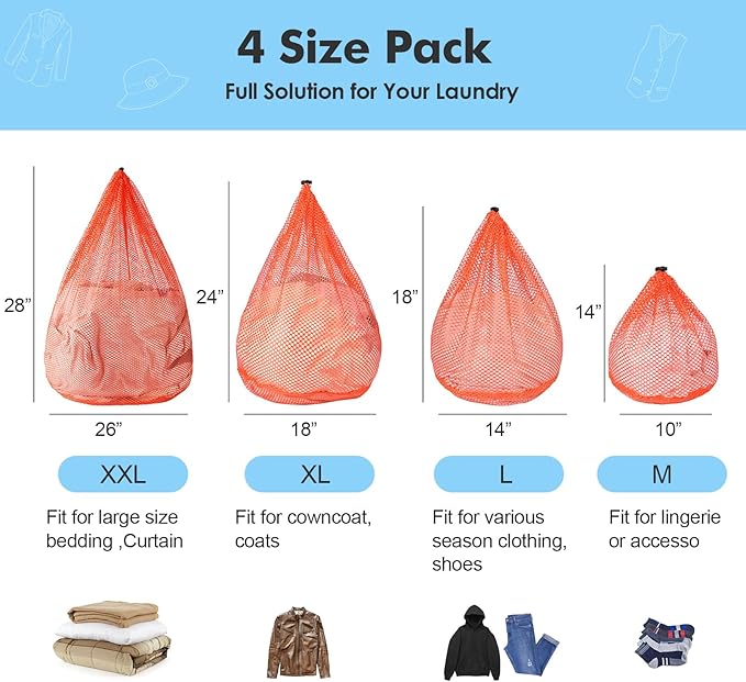 4Pcs Mesh Laundry Bags Washing Machine Mesh Wash Bags for Clothes,Underwear,Lingerie, Bed Linen with Drawstring Closure Sturdy(4 Size, Orange)