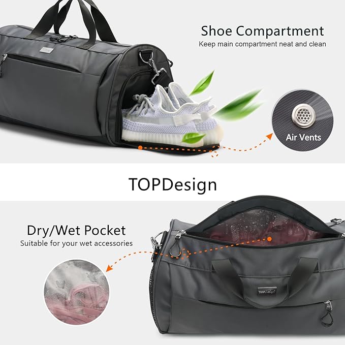 TOPDesign Gym Bag for Women & Men, Unisex Duffel Bag with Shoe Compartment & Wet Pocket for Travel Sports Gym (M Grey)
