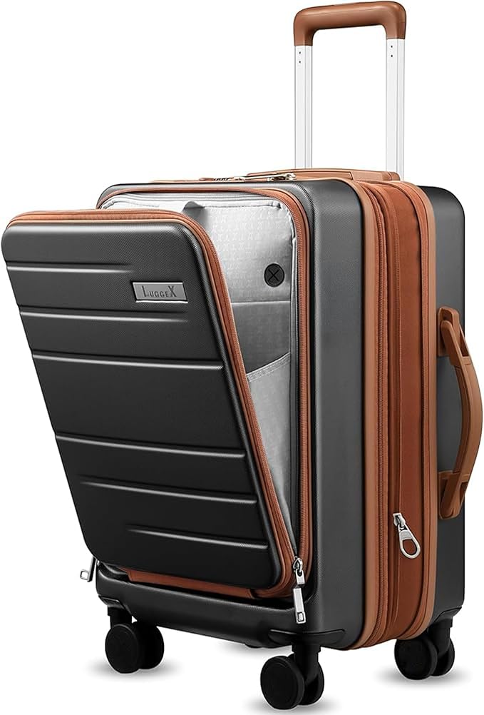LUGGEX Carry On Luggage 22x14x9 Airline Approved, Expandable Polycarbonate Suitcase with Front Pocket (Brown-Black, 20 Inch, 35L)