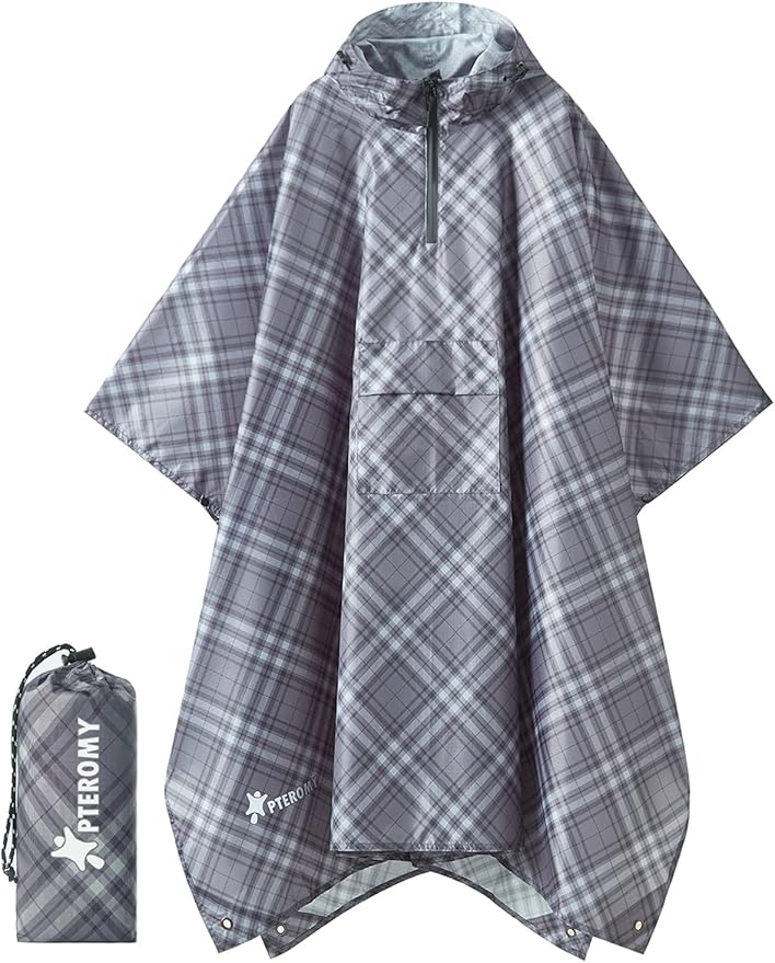 PTEROMY Hooded Rain Poncho for Adult with Pocket, Waterproof Lightweight Unisex Raincoat for Hiking Camping Emergency