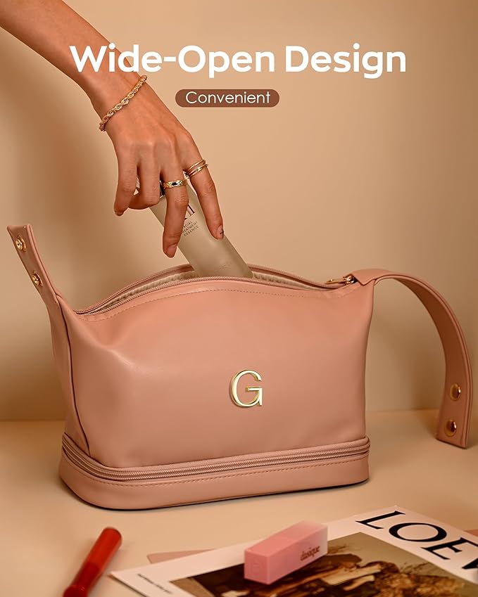 Wedding Gift-Travel Essentials, Presents for Women Makeup Bag with Handle, Initial Cosmetic Bag with Makeup Brush Organizer, PU Leather Travel Toiletry Bag, Gifts for Friends Female Mom