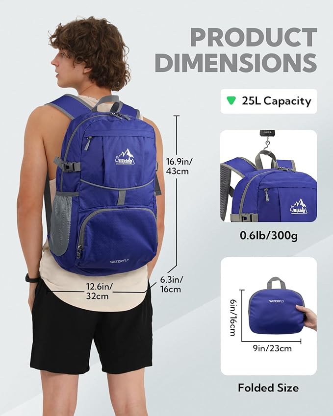 WATERFLY Hiking Foldable Daypack Backpack: 25L Ultra Lightweight Packable Waterproof Outdoor Travel Day Pack for Woman Man