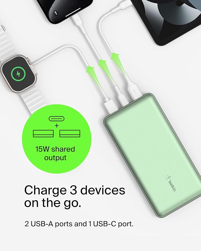 Belkin Portable Charger, USB-C Power Bank 20000 mAh w/ 2X USB-A Ports, 15W w/Type-A to Type-C Cable for iPhone 16, 15, Samsung Galaxy S25, iPad, Nintendo Switch 2, Google Pixel 10, etc. - Green