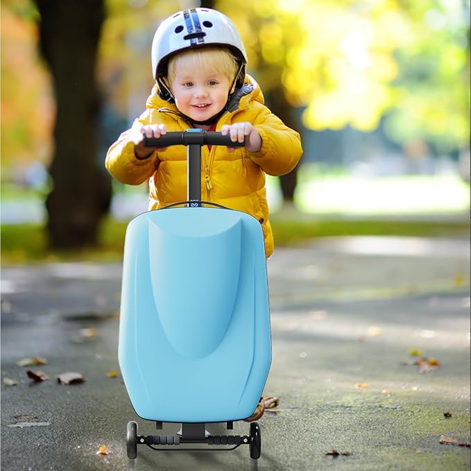 Scooter Hardshell Kids' Luggage, Foldable Carry on Kids Suitcase with Telescopic Handle for Travel, Multifunctional Ride On Lightweight Luggage with Wheels, Light Blue