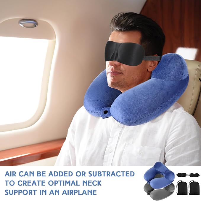 Sintuff 2 Pcs Inflatable Travel Pillow with Compact Bag and Blindfold Velvet Inflatable Neck Airplane Pillow Washable Cushion for Airplanes Flight Car Long Traveling Kids Adults Grey Blue