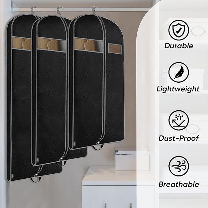 BALEINE 5PK Heavy Duty Garment Bag with Shoe Storage Travel Bag for Dresses, Suit, Coats Travel Essential (54", Black)