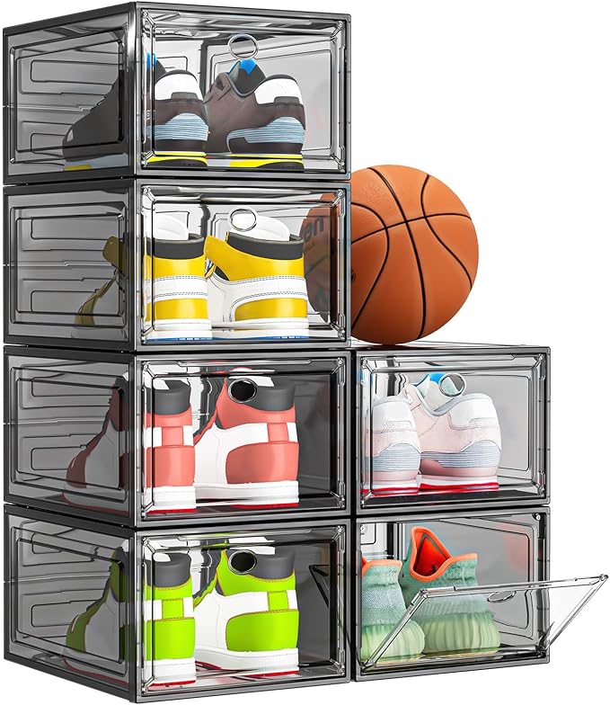 7 code Thicken & Sturdy Clear Shoe Storage Organizer with Magnetic Door, Stackable Boxes for Closet, Foldable Shoe Rack for Sneaker Boot Container, Plastic Shoe Cabinet Shoe Box 6 Pack, Black