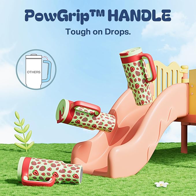 24 oz Metal Tumbler Cup for Girls: Easy Grip Handle, Leak-Proof when Sealed, Easy to Clean, Double Wall Vacuum Cup for Home, School, Daycare, Party, Picnic, Hiking, Travel, Gift (Strawberry Pop)