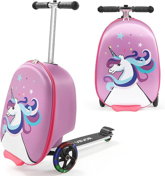 VEVOR Ride-on Luggage, 20 L Capacity, 20 Inches Kids Scooter Suitcase with Flash PU Wheels, Adjustable Handle & TPR Non-Slip Grip, Foldable & Lightweight Scooter Luggage for Kids Aged 5+, Purple
