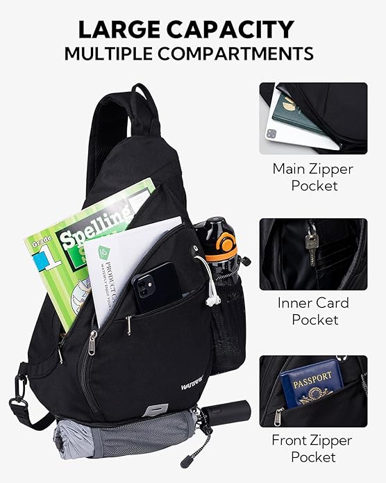 WATERFLY Large Crossbody Sling Bag: Over Shoulder Backpack Daypack Casual Cross Chest Side Pack