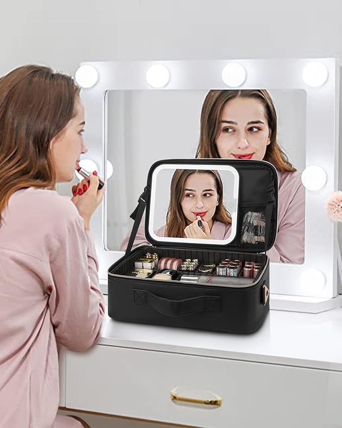Chomeiu Makeup Bag with LED Mirror, Travel Cosmetic Train Case for Women, Makeup Artists Large Organizer Box with Vanity Light Up Mirror, 3 Color Lights, Adjustable Dividers & Shoulder Strap (Black)