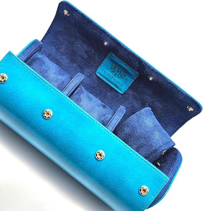 Genuine Napa Leather Watch Roll Travel Case for 3 Watches - Travel Watch Rolls and Leather Watch Display Cases with Velvet Interior - Watch Storage Organizer Men's (Blue 3 Watch Roll Case)