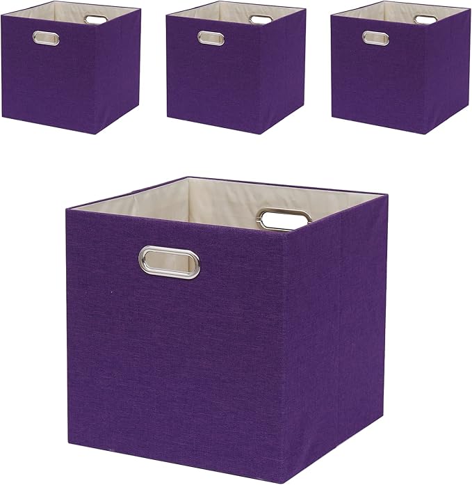 Collapsible Basket Fabric Foldable Box with Handles, 13x13 Cube Storage Bins Set of 4, Thick and Heavy Duty Storage Baskets for Shelves Bedroom Livingroom,Purple