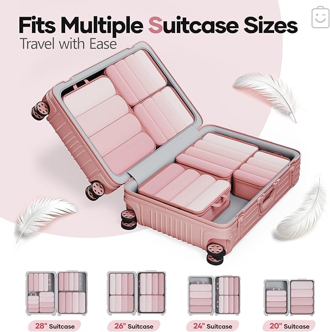 Veken 6/9/11 Set Compression Packing Cubes for Travel Essentials,Compressible Expandable Large Luggage Suitcase Organizer Bags for Clothing,Durable Space Saver Storage Bags(Pink)