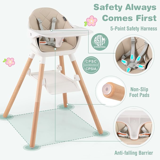 BABY JOY High Chair, 6 in 1 Convertible Wooden Highchair for Babies & Toddlers with Adjustable Legs, Double Removable Tray, Safety Harness & Waterproof PU Cushion (Beige)