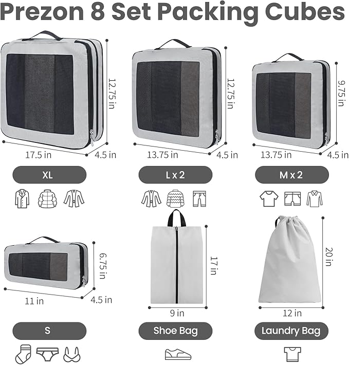 8 Set/6 Set/4 Set Compression Packing Cubes for Travel, Lightweight Vacation Travel Essentials, Travel Accessories for Suitcase Organizer Bags Set, Durable Luggage Organizer
