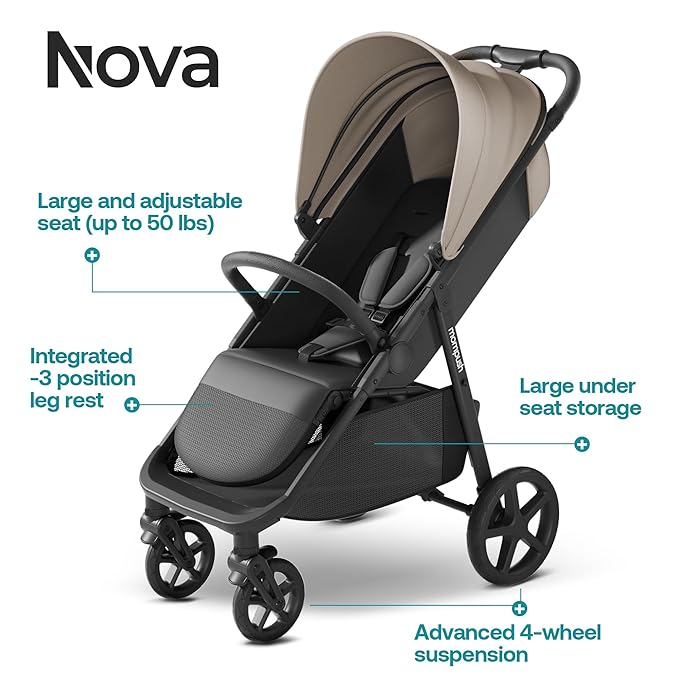 Mompush Nova Baby Stroller for Toddler, Infant & Newborn | Spacious Seat & Lie-Flat Mode | Compact One-Hand Fold, UPF 50+ Canopy & All-Wheel Suspension | Includes Rain Cover & Cup Holder, Khaki