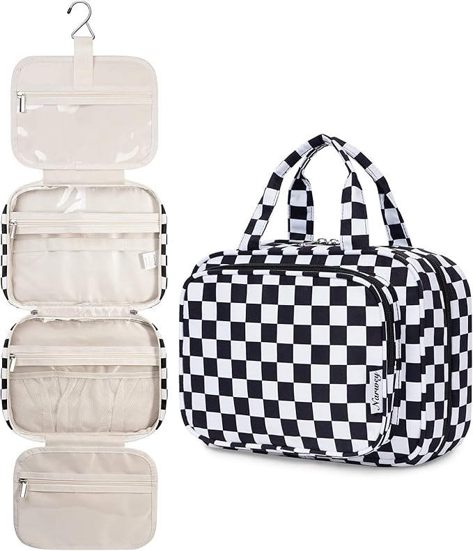 Narwey Hanging Toiletry Bag for Women Travel Makeup Bag Organizer Toiletries Bag for Travel Size Essentials Accessories Cosmetics (Black Checkerboard (Medium))