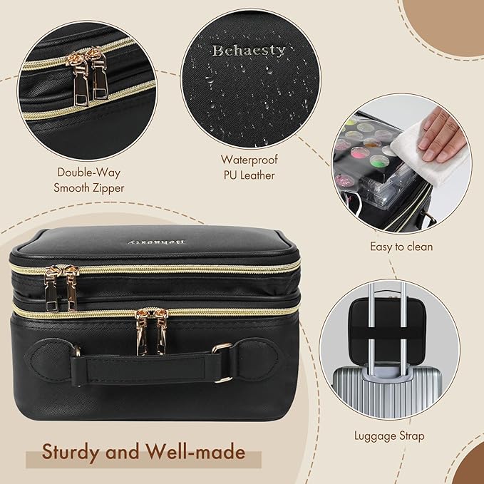 Travel Makeup Bag with LED Mirror Double Layer, Detachable Vanity Mirror with Lights, Tri-light Dimmable, Makeup Case with Adjustable Dividers and Brush Holder Cosmetic Organizer Storage Box