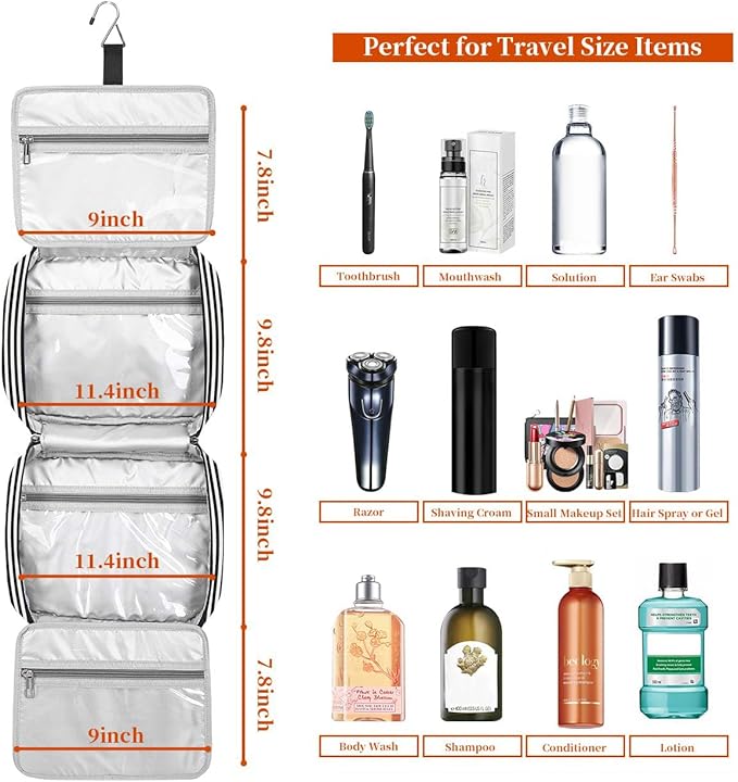 Hanging Travel Toiletry Bag,Large Capacity Cosmetic Travel Toiletry Organizer for Women with 4 Compartments & 1 Sturdy Hook,Perfect for Travel/Daily Use/Christmas
