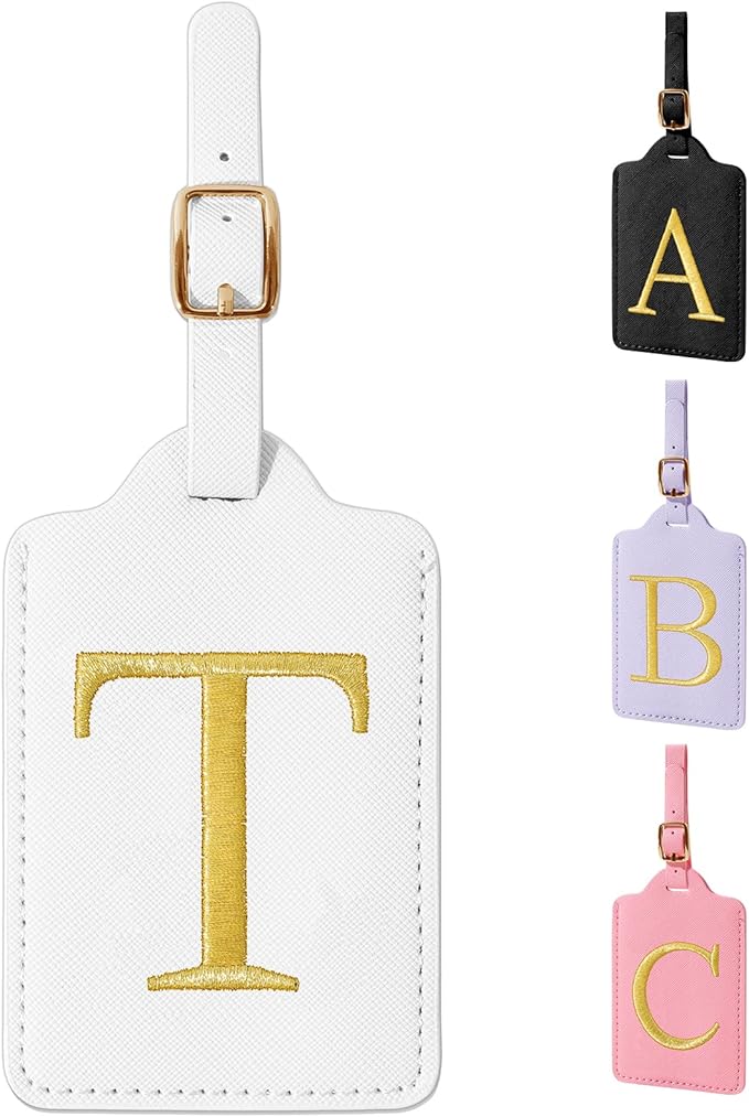 Personalized Initial Luggage Tags for Suitcase TSA Approved, White Leather Cute Luggage Tag with Privacy Cover Name Card, Embroidered Custom Luggage Tags Travel Baggage Tags Gifts for Women Kids(T)