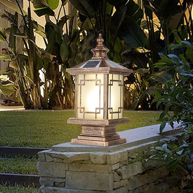 LED Solar Post Light Outdoor, Aluminum Fence Post Cap Lamp Remote Control Dimmable Pillar Lights Solar IP65 Waterproof Column Light, 15.7" X 7.3" Pillar Pedestal Lantern for Garden Yard