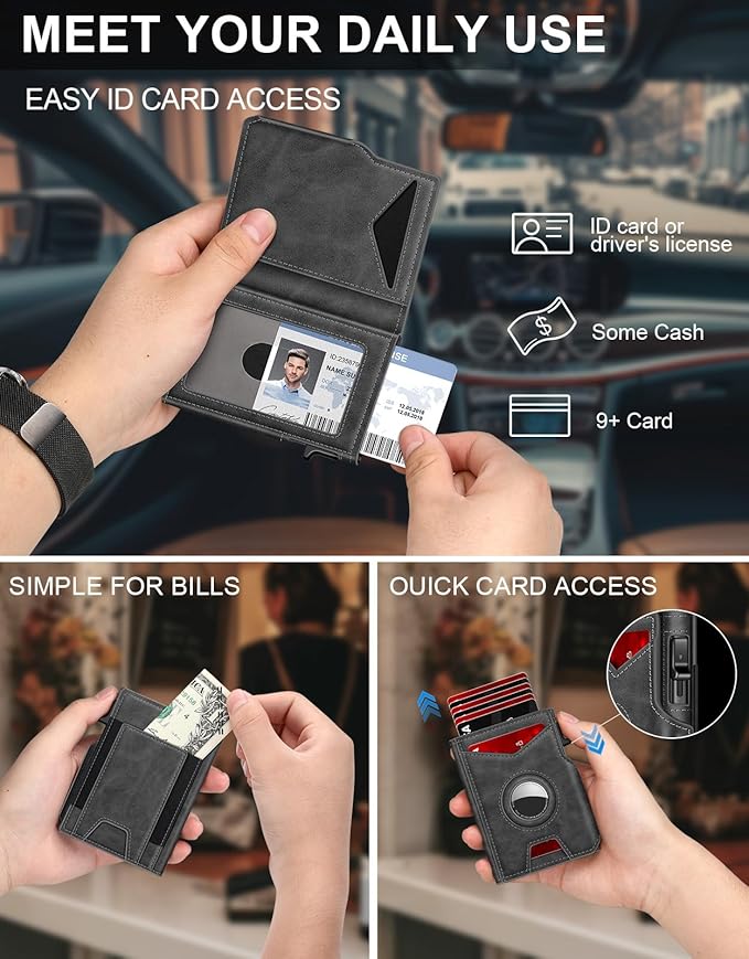 Airtag Wallet for Men, Minimalist Slim Mens Wallet Smart Pop Up Credit Card Holder for 9-13 Cards, RFID Blocking Wallet with ID Window & Cash Slot, Compact Bifold Metal Aluminum Card Case