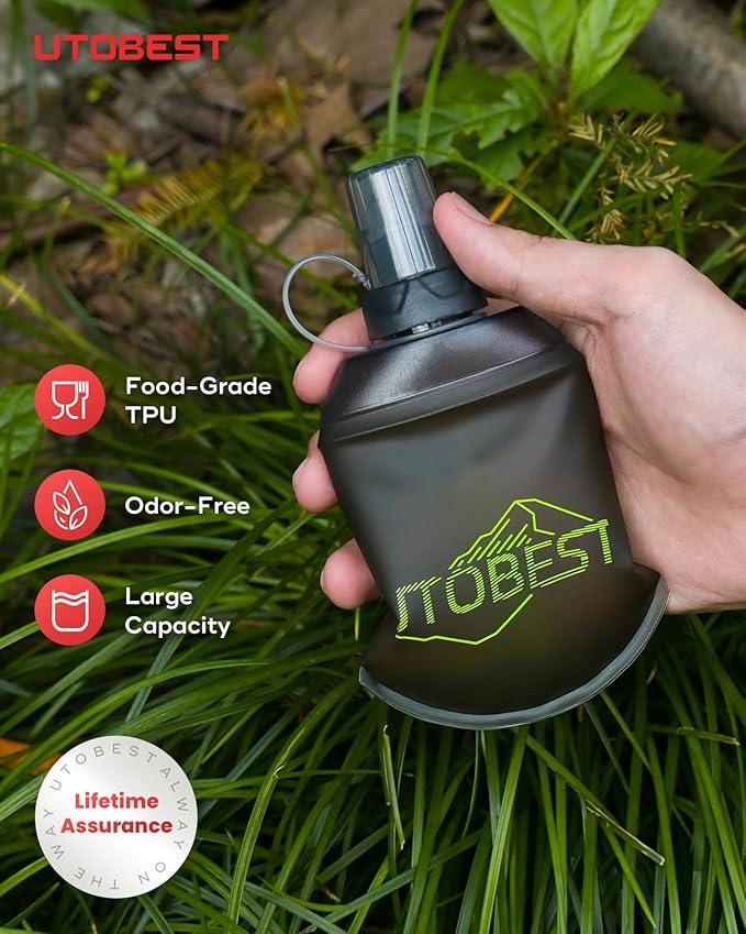 UTOBEST 150ml Soft Flask, 2 Pack Flexible TPU Hydration Water Bottle, Collapsible with 28mm Caliber for Running, Hiking, Cycling, Climbing, and Marathon Green