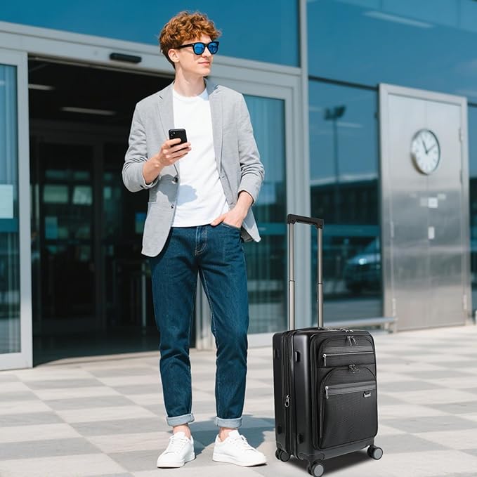 KROSER Hardside Expandable Carry On Luggage 22x14x9 Airline Approved With Front Business Pockets, 20 Inch Suitcases with Wheels, Carry on Suitcase with TSA Lock & USB Port, Black