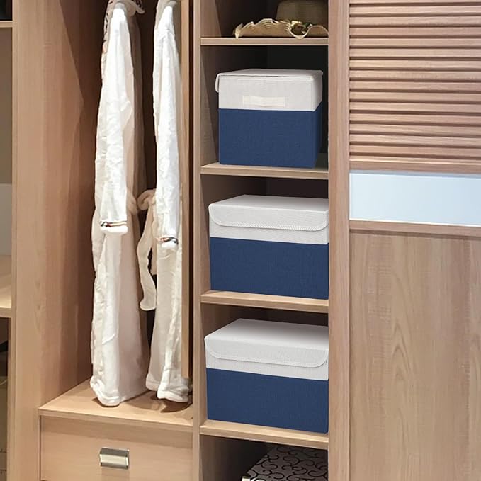 Large 17" 42 Quarts Collapsible Stackable Storage Bins with Lids [3-Pack] Foldable Fabric Linen Storage Boxes Cube, Closet Organizer Baskets with Label for Home (16.7 x 12 x 12", Navy Blue & White)