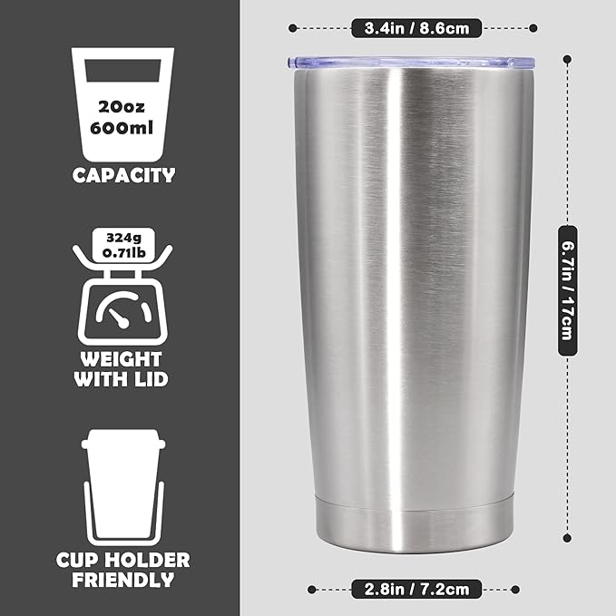 20oz Tumbler Stainless Steel Tumbler Cup with Lid Vacuum Insulated Double Wall Travel Mug, Durable Powder Coated Travel Coffee Tumbler Mug for Hot & Cold Drinks, Stainless Steel,1 Pack