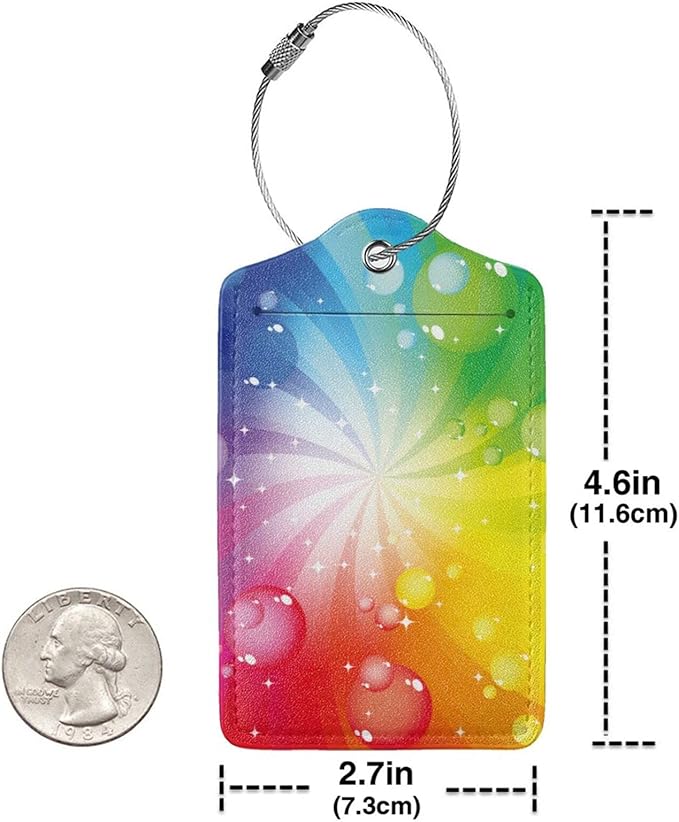 Pretty Colorful Rainbow Luggage Tags for Suitcases Women Girls Kids Adults, 2 Pack Leather Tags for Baggage Travel Backpack Bag, Identifiers Labels with Privacy Cover Name ID Card Stainless Steel Loop