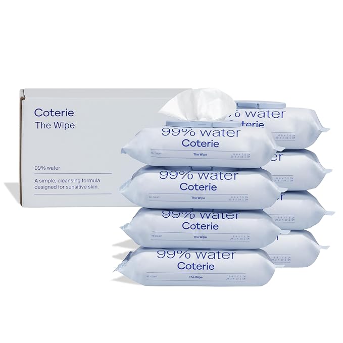 Coterie Baby Wipes for Sensitive Skin, Plant-Based and Plastic-Free Fibers, 99% Water, Hypoallergenic, pH Balanced, Unscented, Clean and Gentle Baby Essentials, 8 Pack, 448 Count