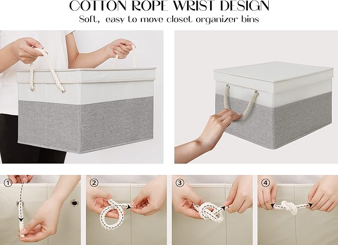 LoforHoney Home Fabric Storage Bins with Lids for Organizing, Foldable Closet Storage Boxes for Shelves, Clothes Baskets with Cotton Rope Handles, XLarge, Beige & Gray, 4-Pack