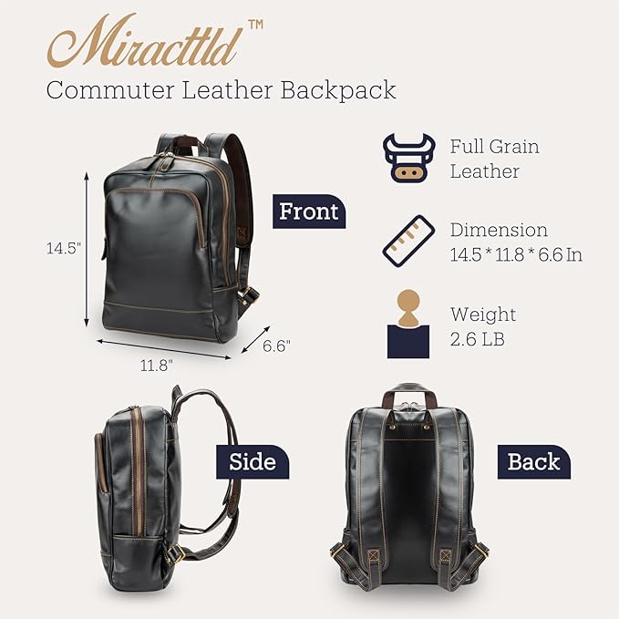 Leather Backpack for Men 15.6" Laptop Backpack 100% Madagascar top-Grain Leather Backpack Black Medium Size