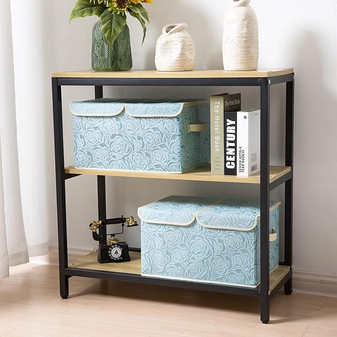 PRANDOM Large Stackable Storage Bins with Lids Fabric Decorative Storage Box Cubes Organizer Containers Baskets with Cover Handles Divider for Bedroom Closet Living Room 17.3x11.8x9.8 Inch 3 Pack
