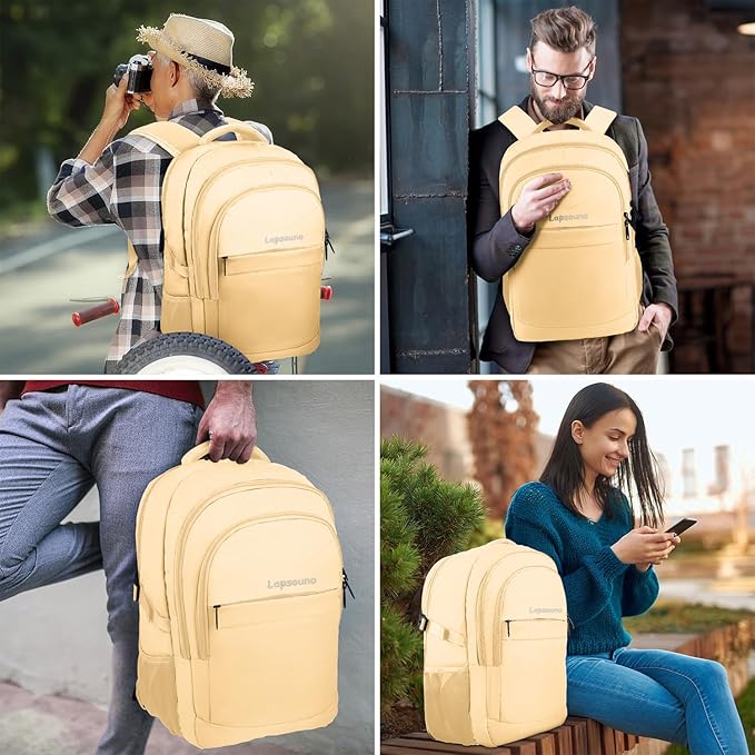Lapsouno 15.6 Inch Laptop Backpack for Women, Large Travel Carry on Backpack, Water Resistant TSA Friendly with USB Port, College School Bag Gifts for Women, Light Yellow