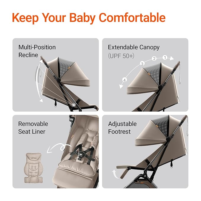 Lightweight Baby Travel Stroller with Carbon Fiber Frame, Compact & Airplane-Friendly, One-Handed Folding Design, 11.6 lbs, Perfect for Toddlers, Organizer & Cushion Included, Simply Taupe