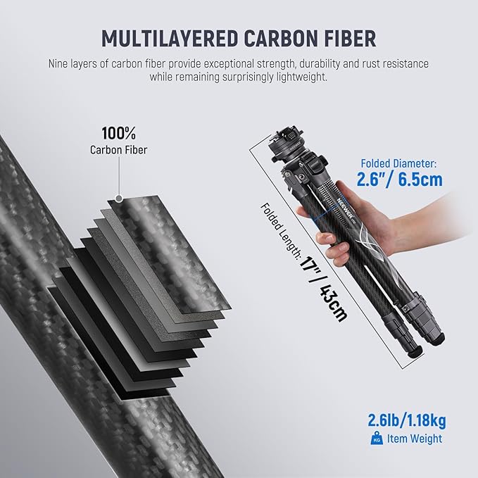 NEEWER LITETRIP LT32 62" Travel Tripod Carbon Fiber with ±15° Leveling 360° Panorama Head, Detachable Center Axis, Fast Flip Buckle, Arca QR Plate Compatible with Peak Design Capture V3, (Former TP62)