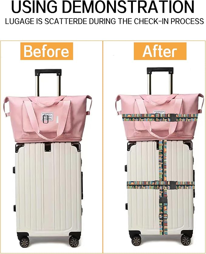 Luggage Straps for Suitcases, Adjustable Travel Belt, Durable Wide Luggage Strap, Cute Suitcase Strap Identifiers with Buckle, Bag Straps for Luggage, Cute Book Pattern