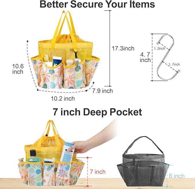 F-color Mesh Shower Caddy Portable with Drawstring - Upgrade Deeper 7 Pockets Dorm Room Essentials for Guys Girls with S Hook, Shower Bag Basket Tote for College Camping Bathroom, Yellow Beach
