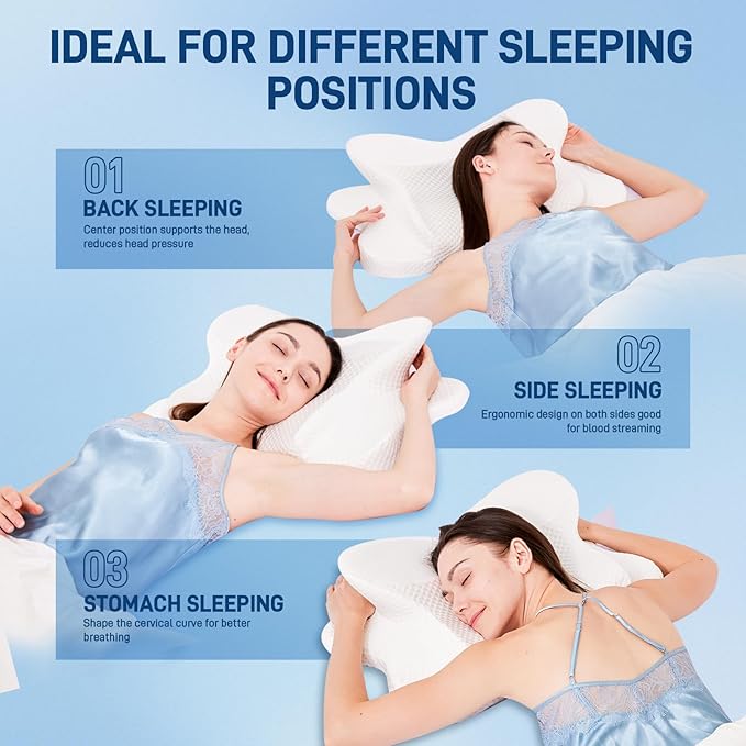 Cervical Neck Pillow for Sleeping, Dual Height Contour Memory Foam Pillow for Neck Pain Relief & Support, Orthopedic Butterfly Pillow for Side, Back & Stomach Sleepers – Cooling Washable Cover (white)