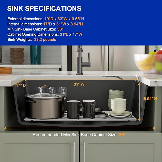 Dcolora 33 Inch Granite Composite Kitchen Sink, Black Undermount Kitchen Sinks Deep Single Bowl, 33"x19", Round Corner, DC-GU7749