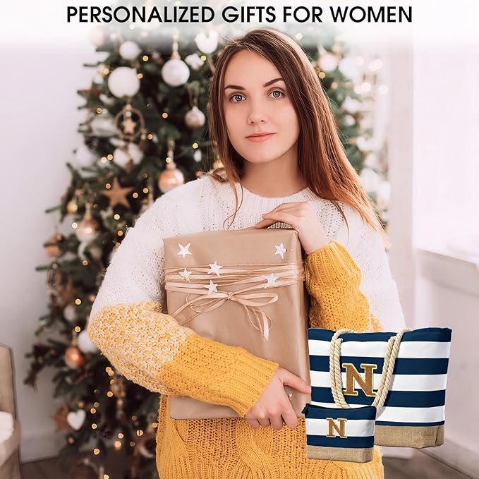 Becokan Beach Bag Initial Beach Tote with Makeup Bag for Travel Work Storage Personalized Birthday Gifts for Women Her