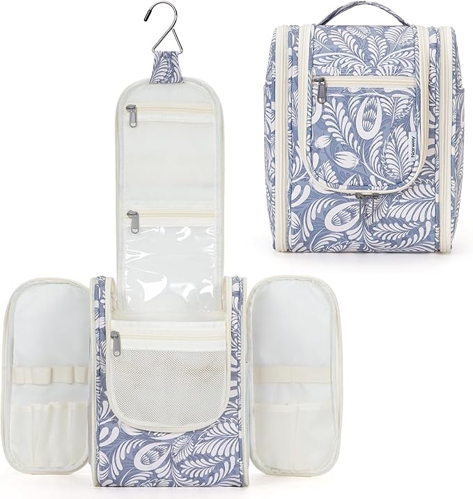Narwey Small Hanging Toiletry Bag Women Travel Makeup Bag Organizer Toiletries Bag for Travel Size Essentials Accessories Cosmetics (Medium, Blue Leaf)