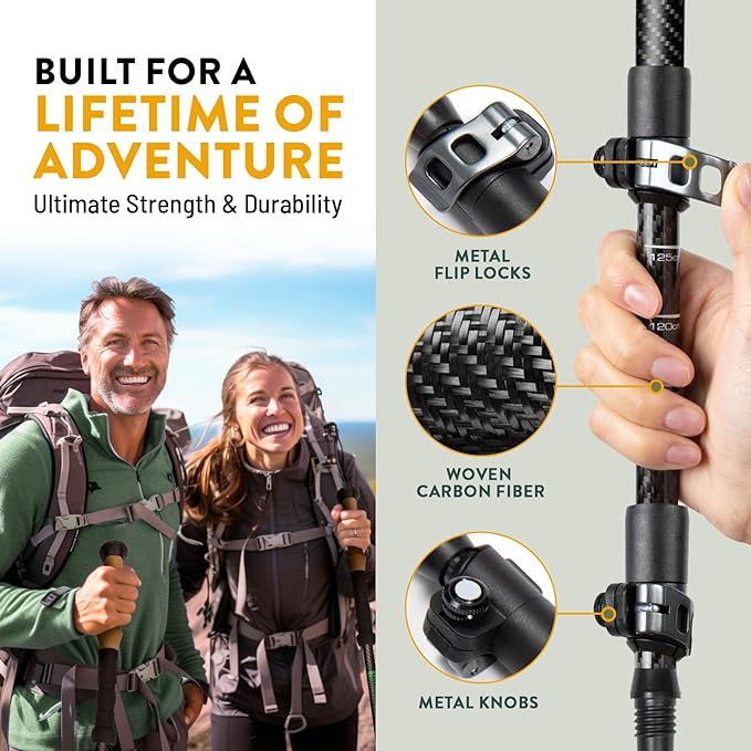 100% Carbon Fiber Trekking Poles by USA Brand - Ultra Strong Lightweight Collapsible Hiking Poles with Cork and EVA Foam Grips & Quick Adjustable Flip Locks